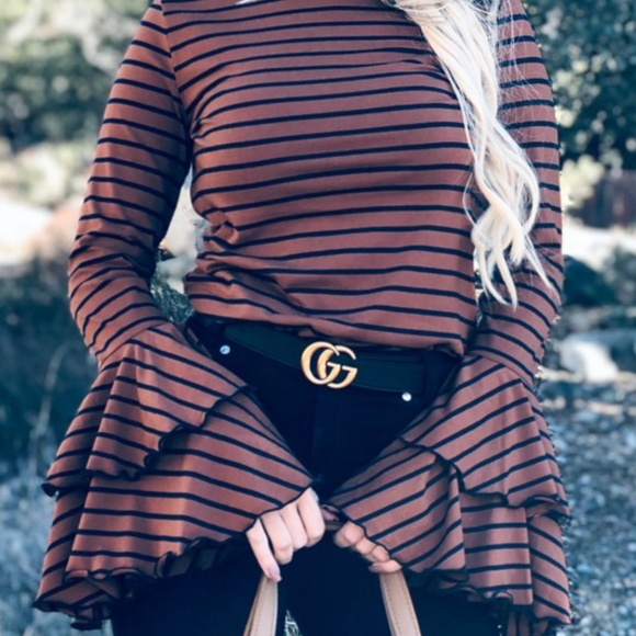 044 Boho Stripes Bell Sleeve Ruffle Top - Picture 4 of 9